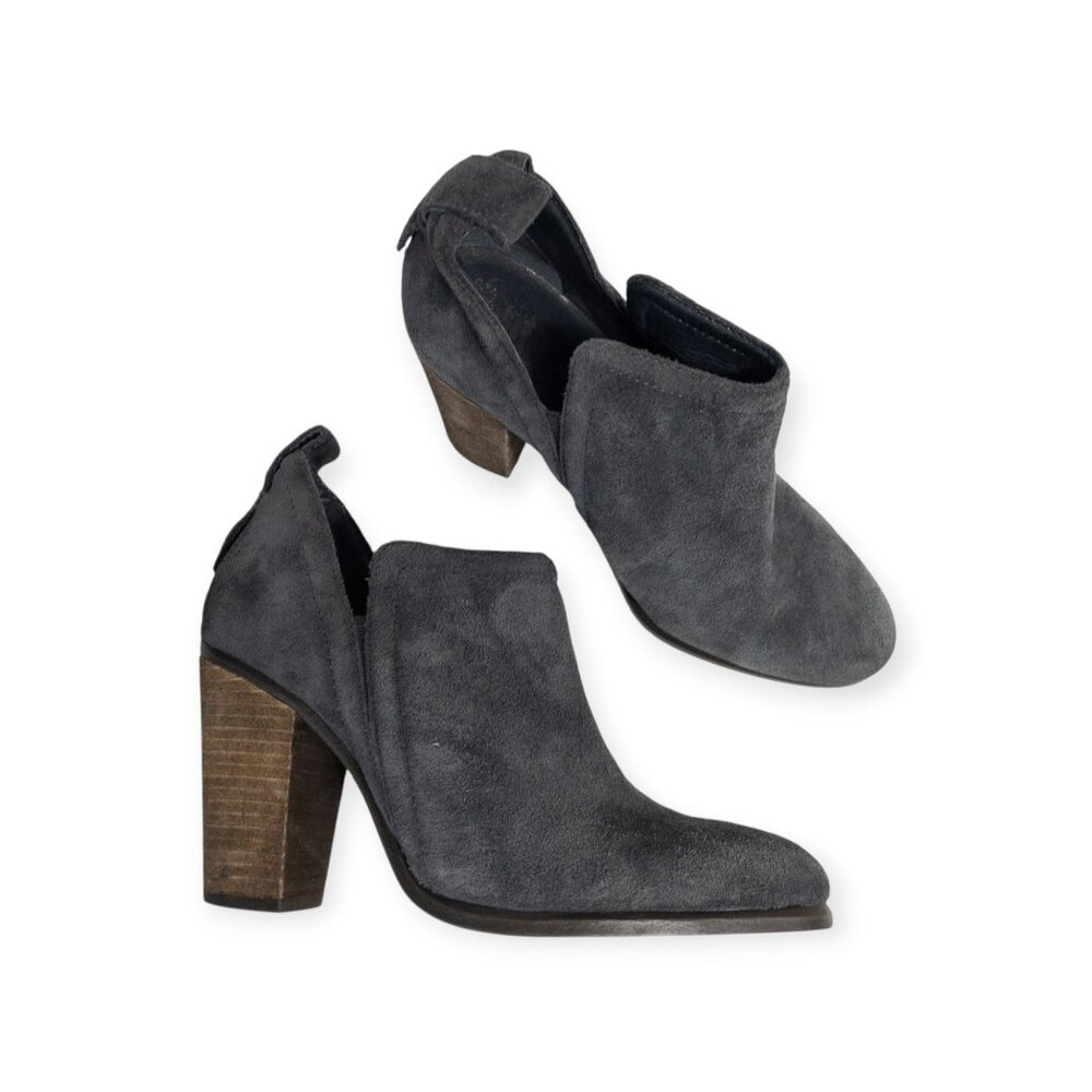 Vince Camuto Gray Suede Ankle Booties Wood Block Heel SZ 6.5